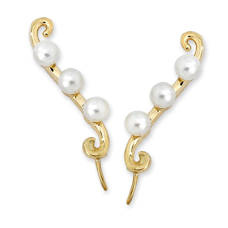 Triple Pearls Ear Pin Earrings in 14k Yellow Gold 