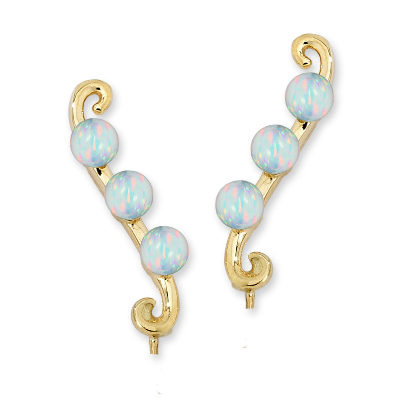 Ear Climber Earrings Ear Pin Triple Opal Bead Swirls Earcrawlers