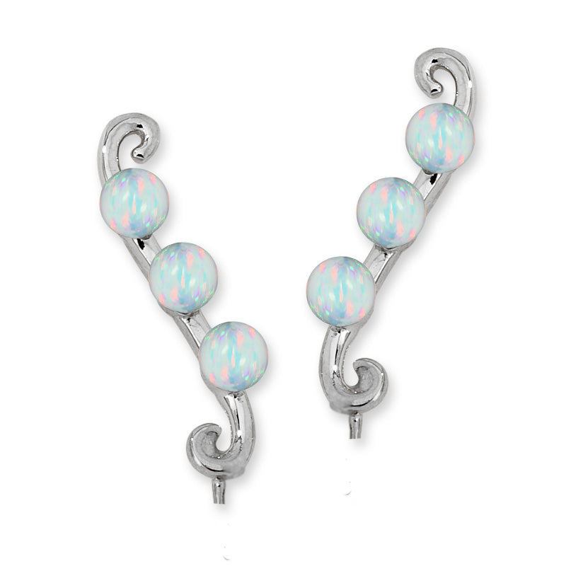 Ear Climber Earrings Ear Pin Triple Opal Bead Swirls Earcrawlers