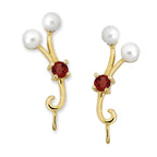 Double Pearls & Garnet Ear Pin Earrings in 14k Yellow Gold 