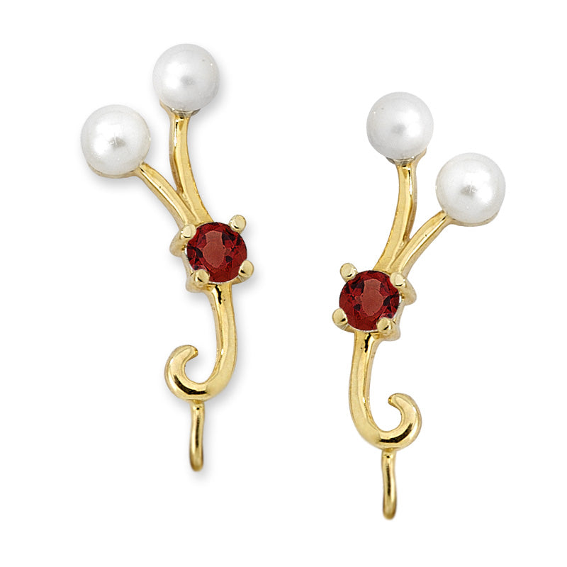 Double Pearls & Garnet Ear Pin Earrings in 14k Yellow Gold 