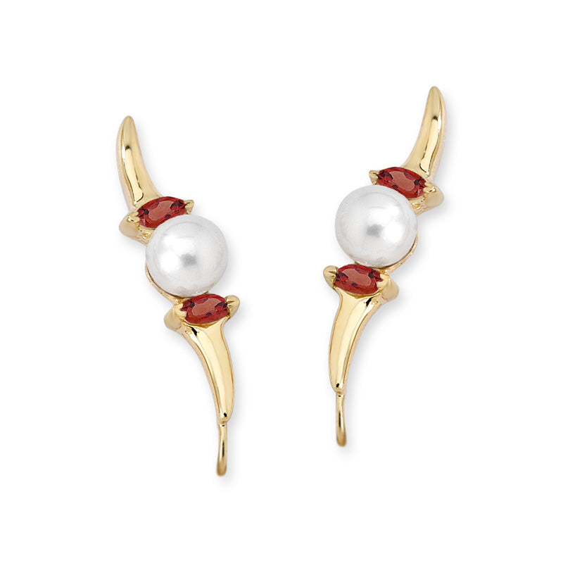Marquise Rubies &  Pearl Ear Pin Earrings in 14k Yellow Gold