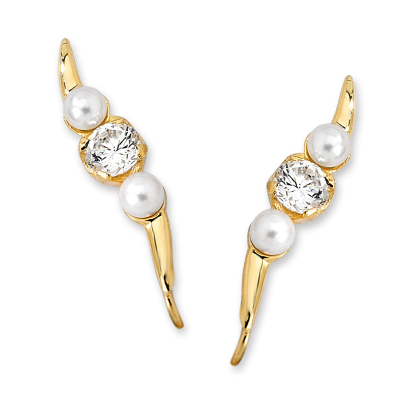 14k Yellow Gold Pearl and Cubic Zirconia Ear Pin Earrings