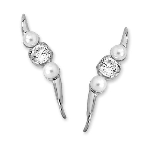 1/2 Cubic Zirconia & Pearl Accents Ear Pin Earrings 14k Yellow Gold 