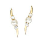 Cubic Zirconia Ear Climber Earrings - Pearl Center & Cubic Zirconia Accents - Ear Pin - 14k Yellow Gold