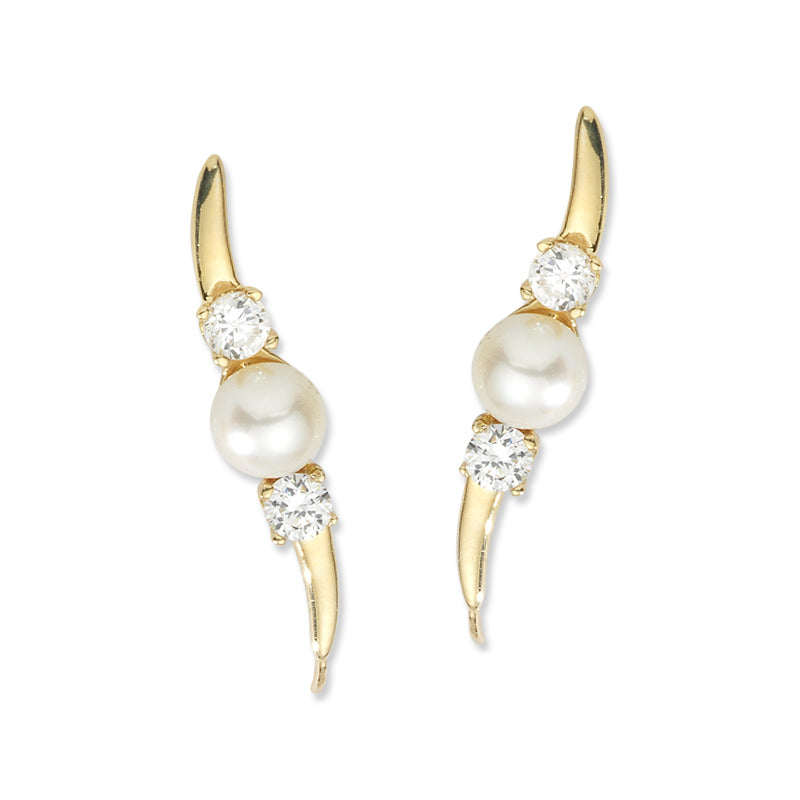Cubic Zirconia Ear Climber Earrings - Pearl Center & Cubic Zirconia Accents - Ear Pin - 14k Yellow Gold