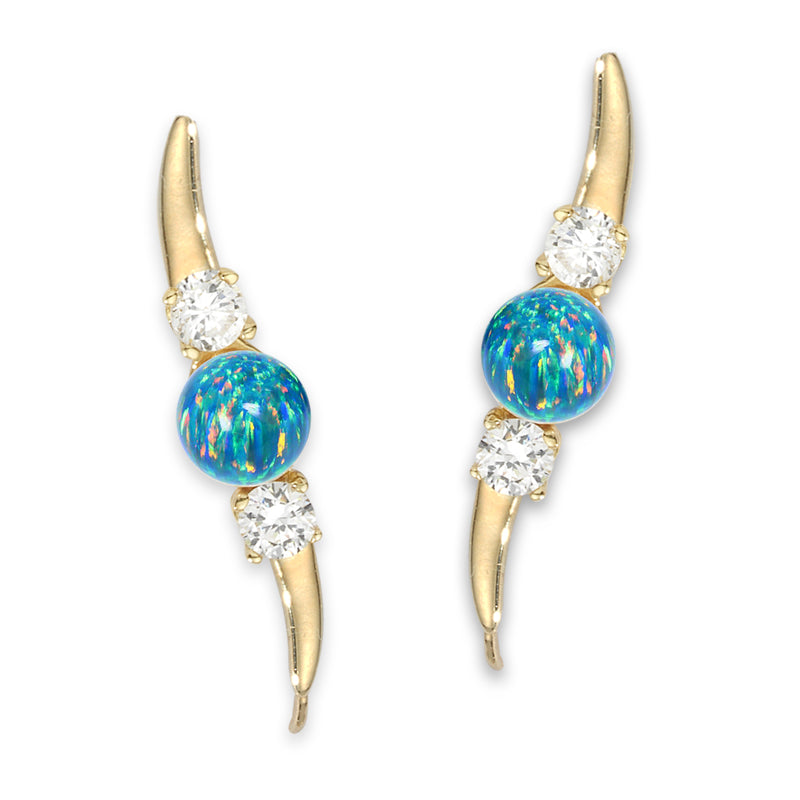 Ear Climber Earrings Ear Pin Opal Bead Center CZ Accent Stones Earcrawlers