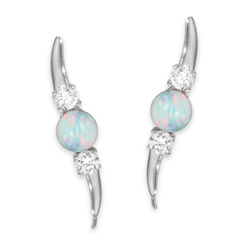 Ear Climber Earrings Ear Pin Opal Bead Center CZ Accent Stones Earcrawlers