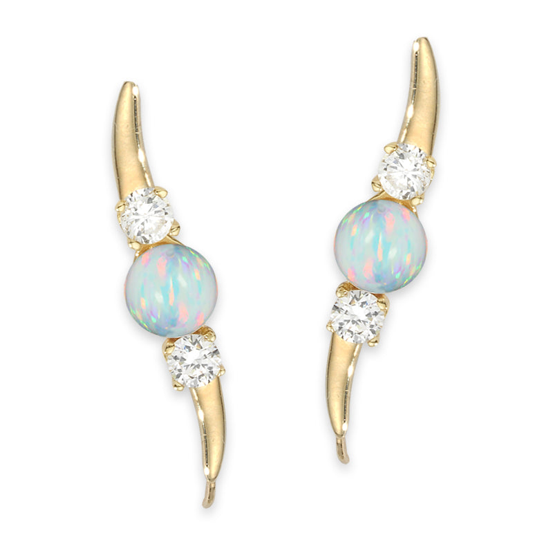Ear Climber Earrings Ear Pin Opal Bead Center CZ Accent Stones Earcrawlers