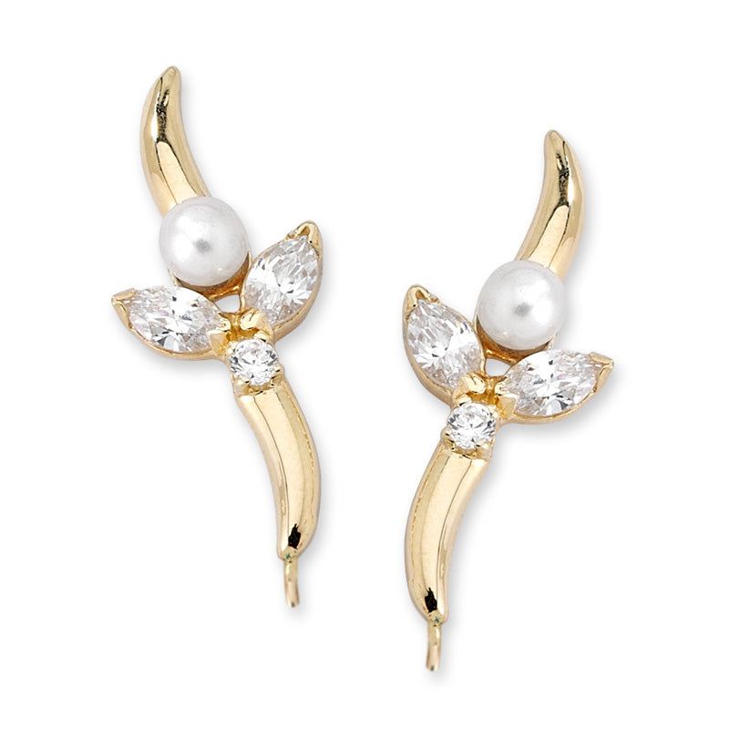 Marquise Cubic Zirconias & Pearl Ear Pin Earrings in 14k Yellow Gold 