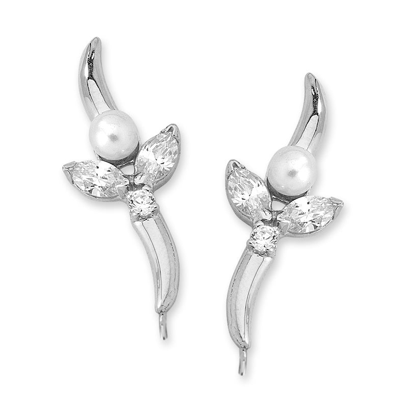Marquise Cubic Zirconias & Pearl Ear Pin Earrings in 14k Yellow Gold 