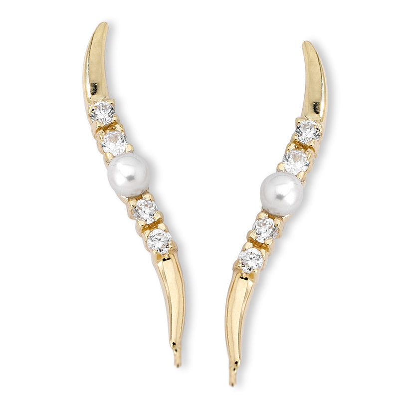 14k Yellow Gold 1/4ct. Twt. Diamond & Pearl Center Ear Pin Earrings 