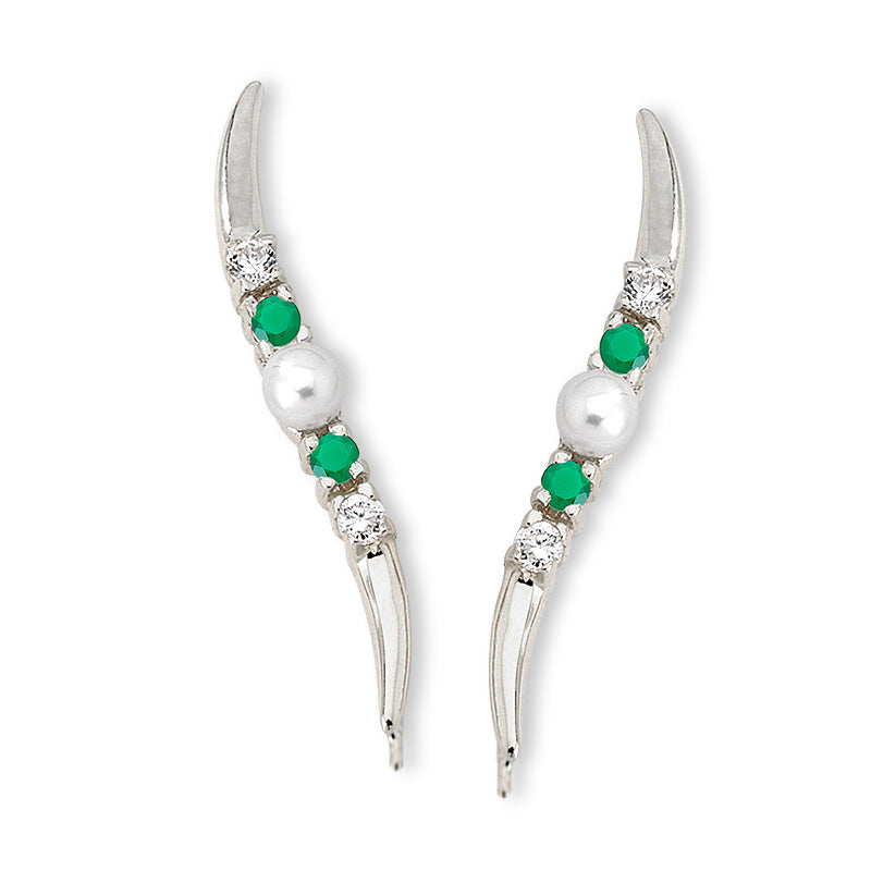 Emerald, Diamonds and Pearl Ear Pin Earrings in 14k White Gold
