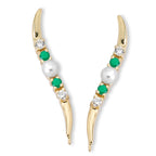 14k Gold Emearld, CZ, Pearl Ear Pin Earrings