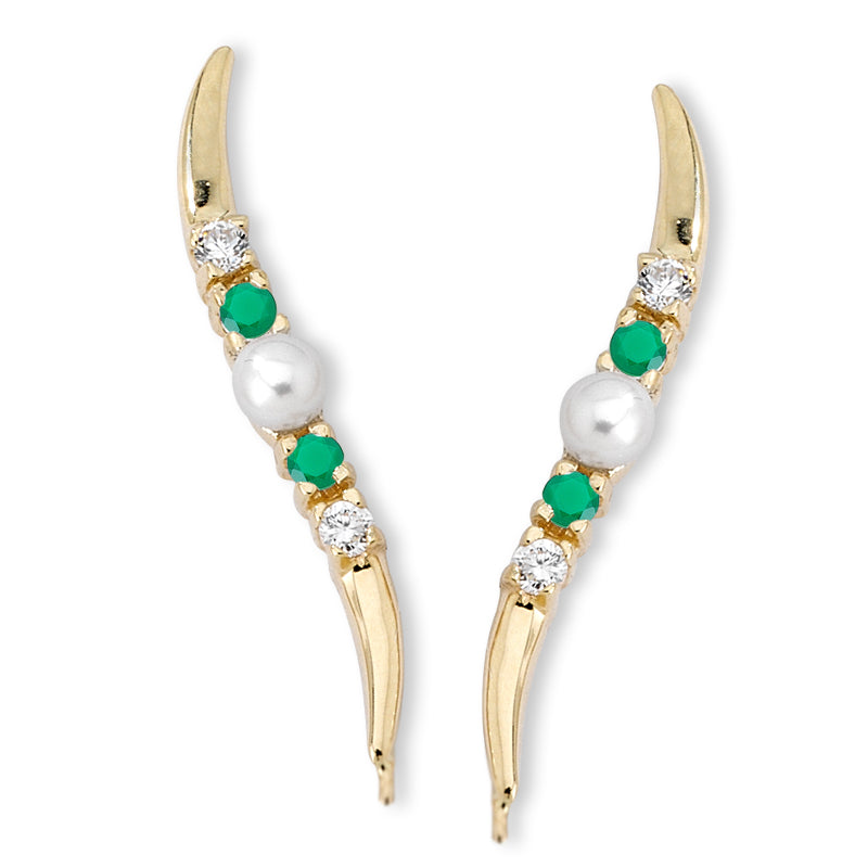 14k Gold Emearld, CZ, Pearl Ear Pin Earrings
