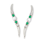 Emearld, Cubic Zirconia and Pearl Ear Pin Earrings in 14k Gold