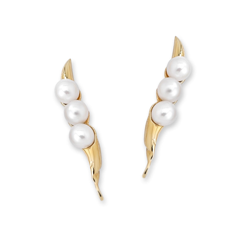Triple Pearls Ear Pin Earrings in Yellow Gold