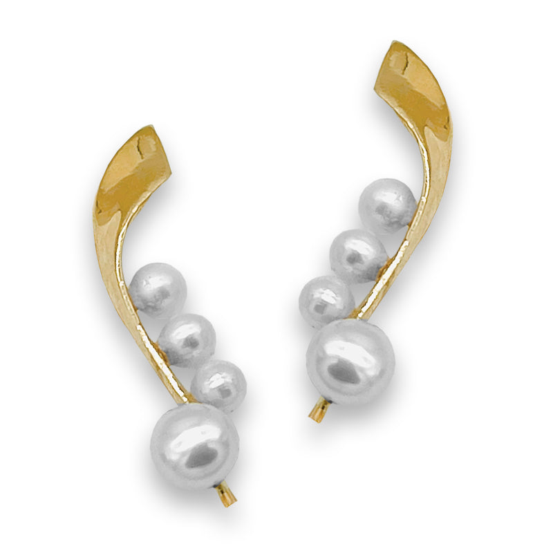 Pearl Ear Climber Earrings Ear Pin Pea Pod Ribbon 14kt Yellow Gold