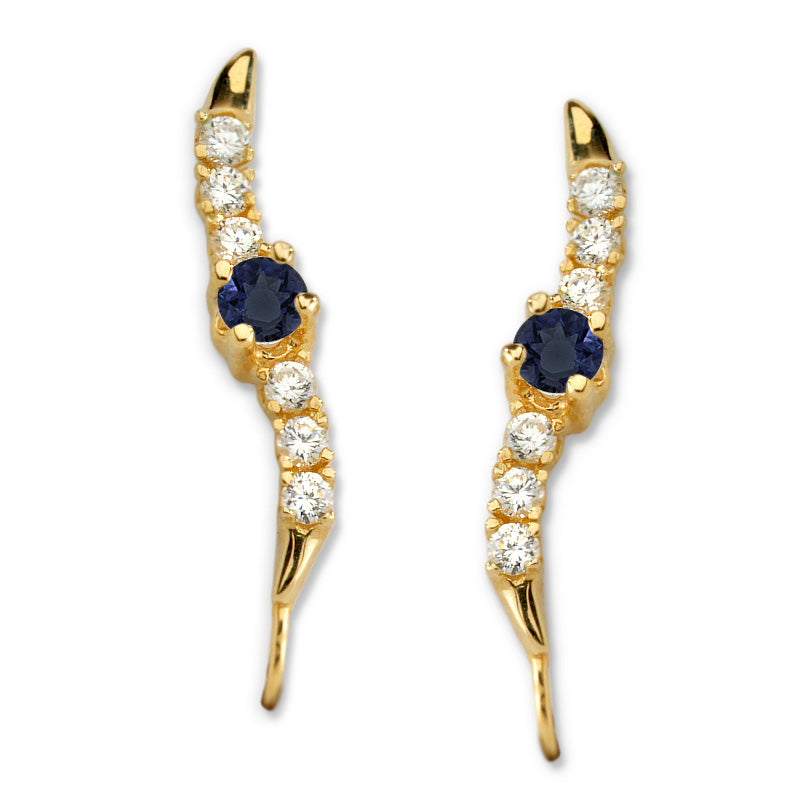 Blue Topaz Ear Climber Earrings - Passion Blue Topaz & CZ - Ear Pin - 14k Yellow Gold