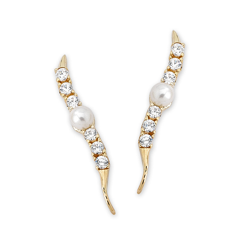 Diamond and Pearls Ear Pin Earrings 14k Gold