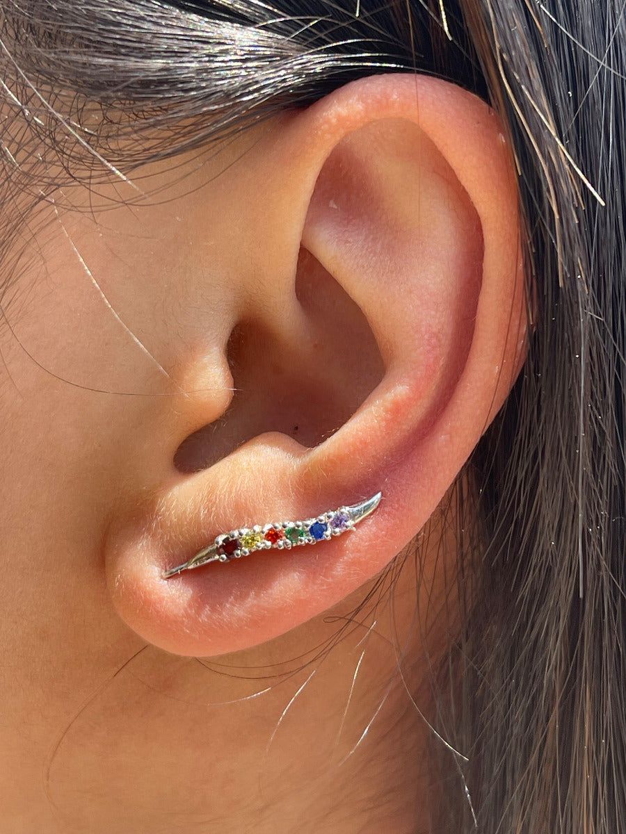 Silver Ear Climber Earrings - Rainbow Gemstones Ear Pin - Sterling Silver