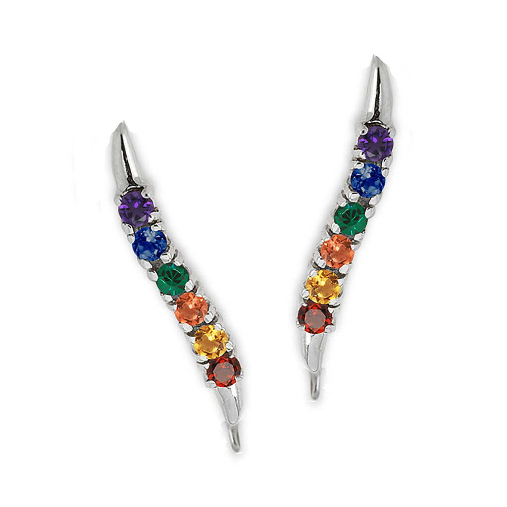 Ear Climber Earrrings Ear Pin Rainbow Gemstones 14k Yellow Gold