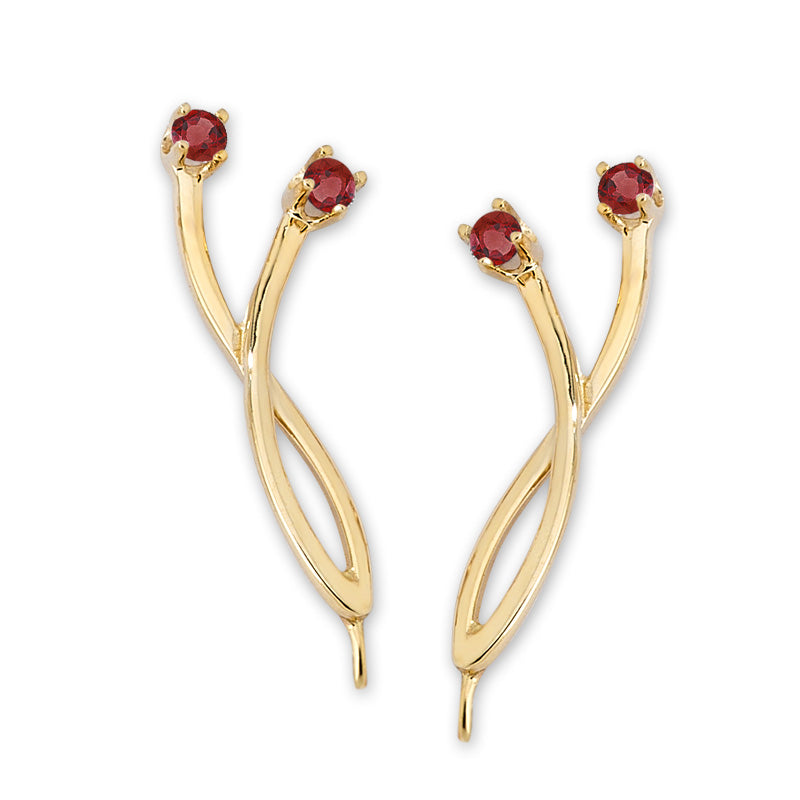 14k Yellow Gold Crossover Ruby Ear Pin Earrings