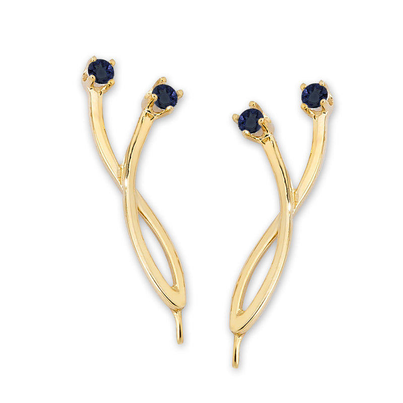 Ear Pin Ear Climber Earrings Crossover Blue Sapphire 14k Yellow Gold