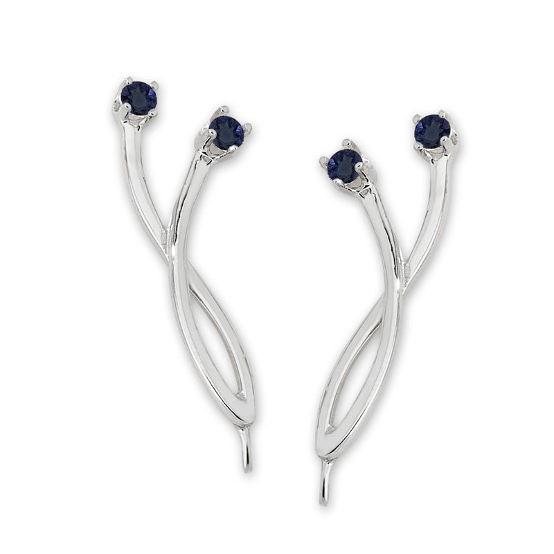 Ear Pin Ear Climber Earrings Crossover Blue Sapphire 14k White Gold