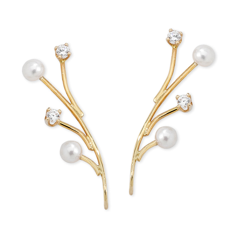 14k Yellow Gold 0.16ct. Twt. Diamond & Pearl Spray Ear Pin Earrings