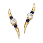 Ear Pin Ear Climber Earrings Blue Sapphire Accents and Cubic Zirconia 14k Yellow Gold