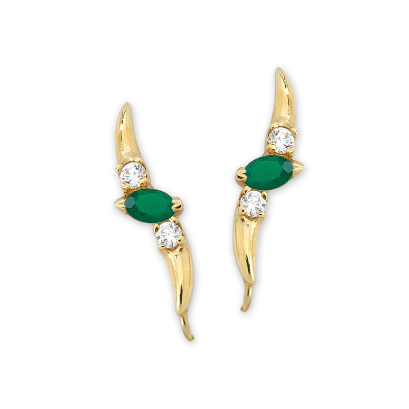 Emerald & Diamond Ear Pin Earrings in 14k Yellow Gold 