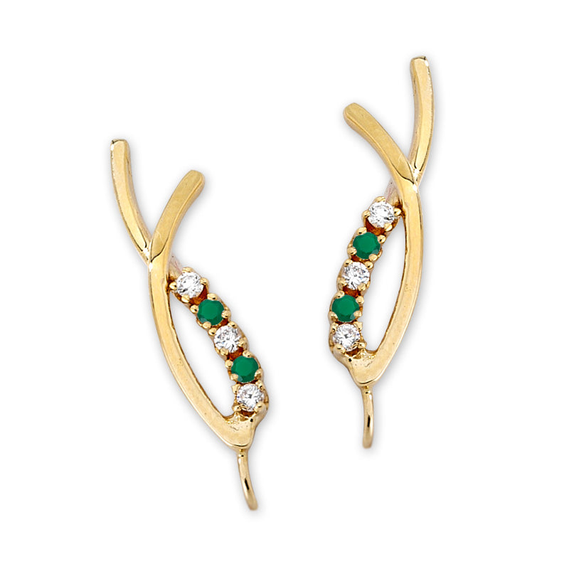 Green Onyx & CZ Crossover Ear Pin Earrings in 14k Yellow Gold 
