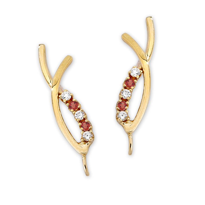 Ruby & Diamond Crossover Ear Pin Earrings in 14k Yellow Gold 