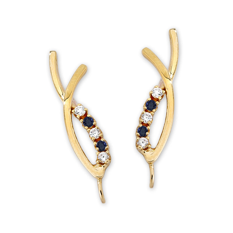 Blue Sapphire & Cubic Zirconia Ear Pin Earrings in 14k Yellow Gold 