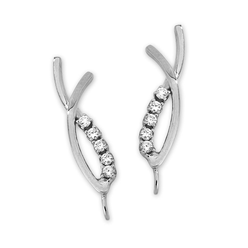 Diamond Ear Climber Earrings - Crossover - Ear Pin - 14k White Gold - Polished