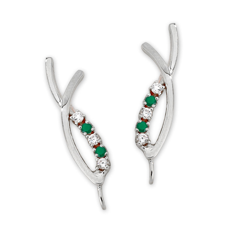 Emerald & CZ Crossover Ear Pin Earrings in 14k Yellow Gold 