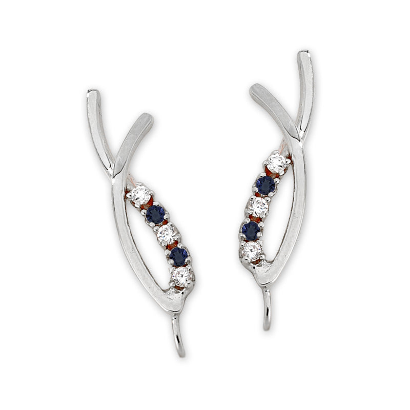 Blue Sapphire & Cubic Zirconia Ear Pin Earrings in 14k Yellow Gold 