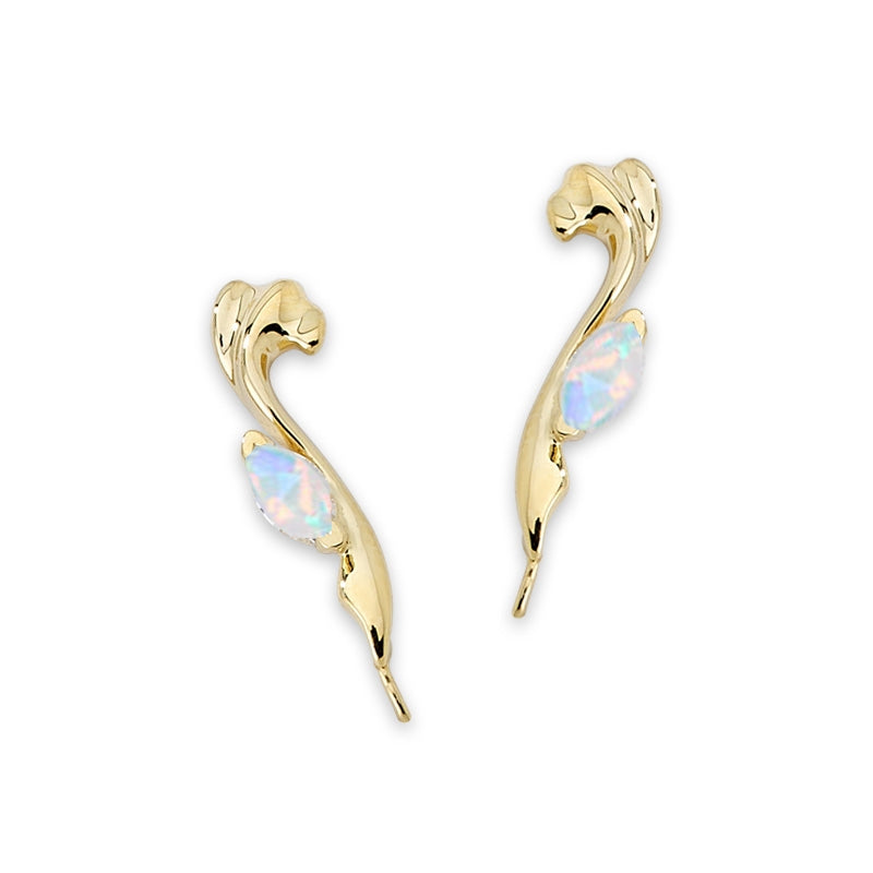 Ear Climbers Opal Marquise Cut Ear Pin Earrings Scroll in 14k Yellow Gold
