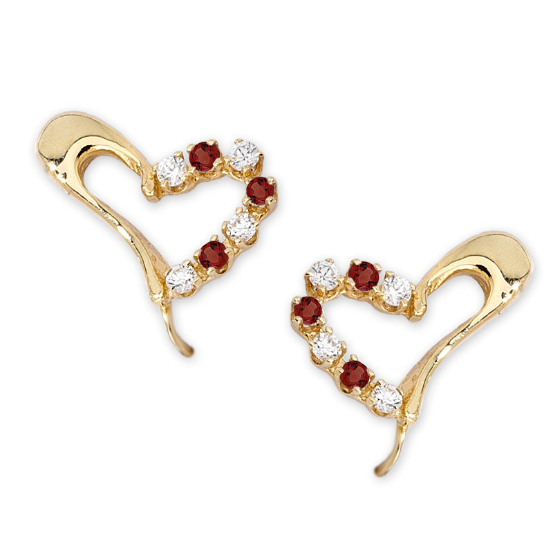 14k Yellow Gold Garnet & CZ Floating Heart Ear Pin Earrings