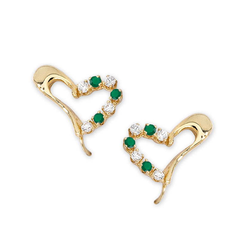 14k Yellow Gold Green Onyx & CZ Floating Heart Ear Pin Earrings