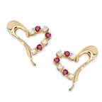 14k Yellow Gold Ruby & CZ Floating Heart Ear Pin Earrings