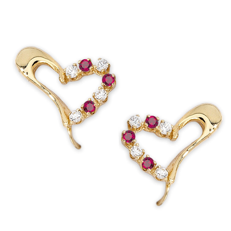 14k Yellow Gold Ruby & CZ Floating Heart Ear Pin Earrings