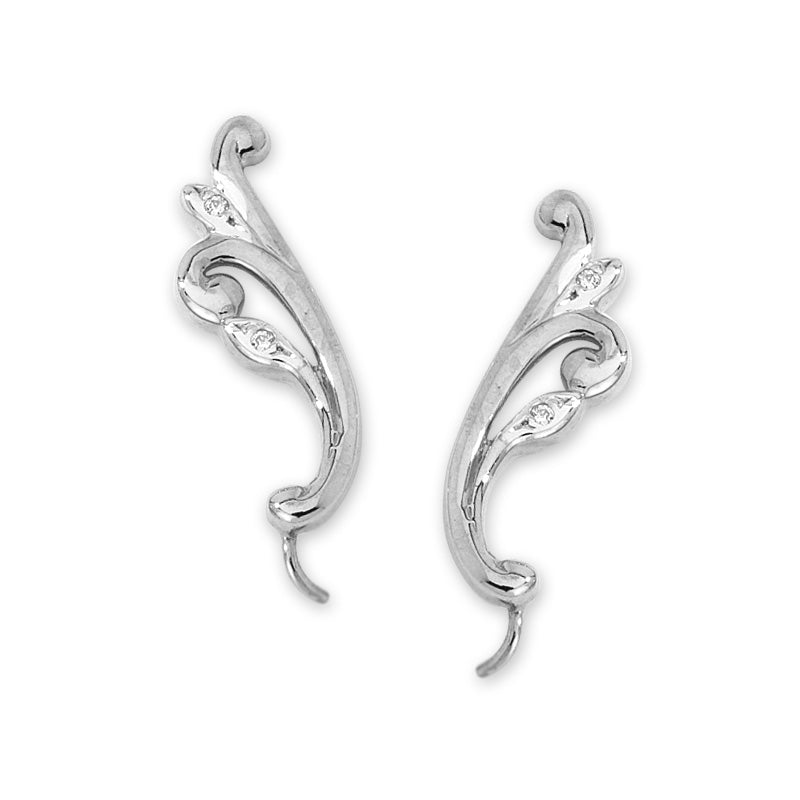 14k White Gold Cubic Zirconia Scroll Ear Pin Earrings