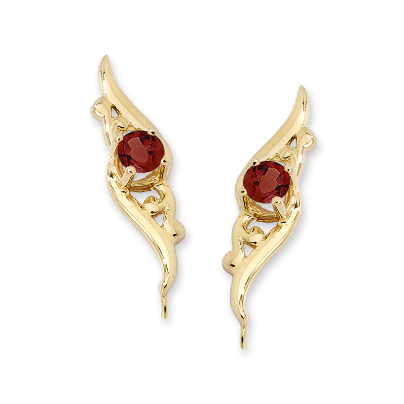 14k Yellow Gold Garnet Ornate Ear Pin Earrings