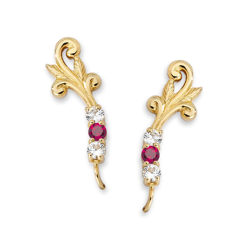 14k Yellow Gold Ruby & CZ Scroll Tipped Ear Pin Earrings