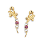 14k Yellow Gold Ruby & CZ Scroll Tipped Ear Pin Earrings