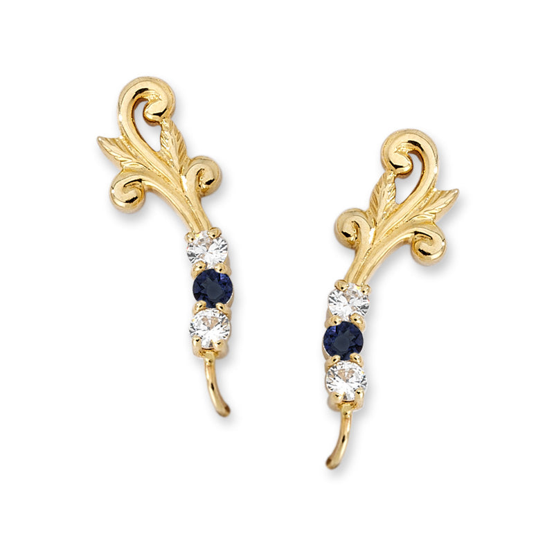 14k Yellow Gold Blue Sapphire & CZ Scroll Tipped Ear Pin Earrings