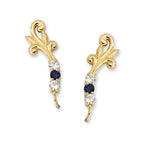 14k Yellow Gold Blue Sapphire & CZ Scroll Tipped Ear Pin Earrings