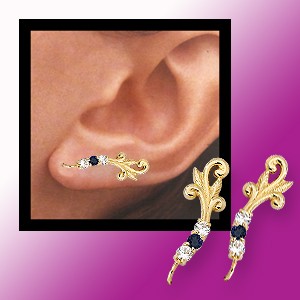 Sapphire Ear Climber Earrings - Blue Sapphire & CZ Scroll Tipped - Ear Pin - 14k Yellow Gold